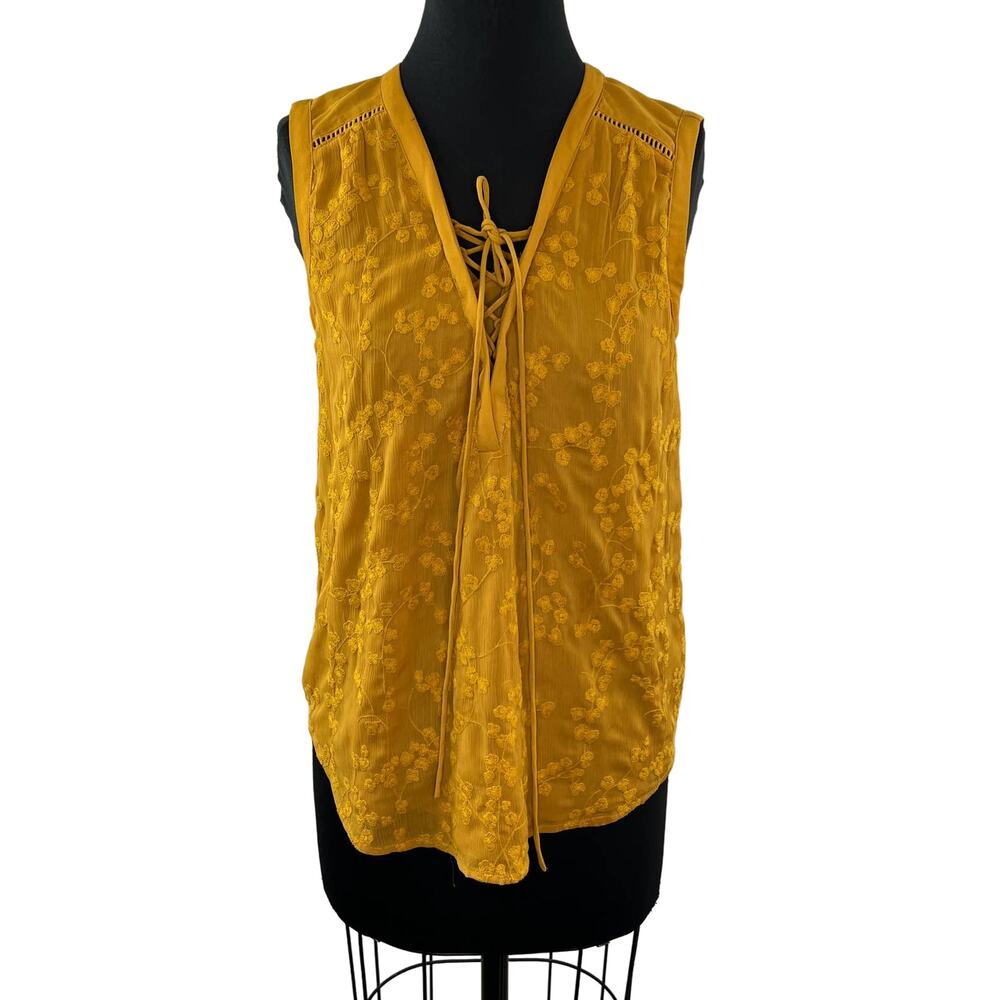 Anthropologie MAEVE Mustard Yellow Floral Embroidered Lace-Up Sleeveless Top 4 - Picture 2 of 12